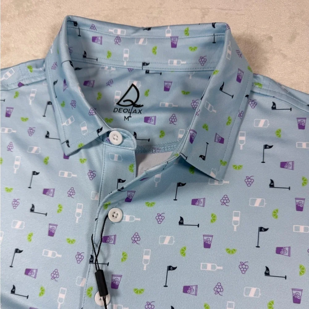 NWT Deolax Medium All Over Print Golf and Drinks Blue Performance Polo Shirt